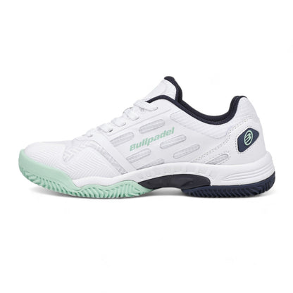 Zapatilla Bullpadel Indiga W 25V 2025 Blanco y Turquesa Flexible